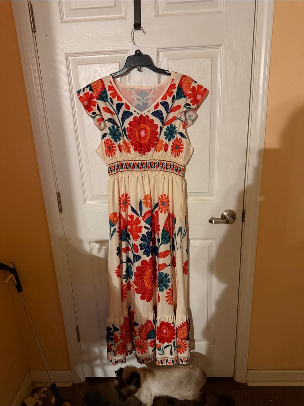 SHEIN Cream Maxi Dress with Red & Teal Floral Print